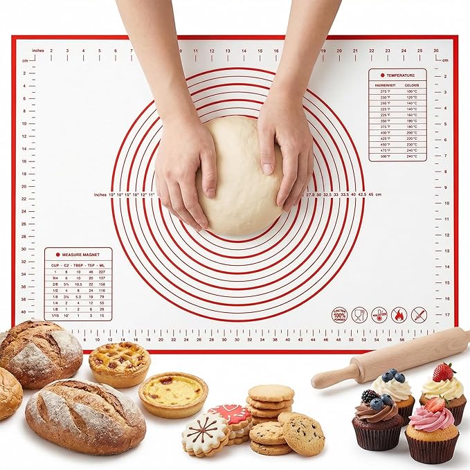Silicone Baking Mat Non-Slip with Measurements & Conversion Chart, Large 27.5 x 19.7 Inch Baking Mat for Rolling Pin, Dough Kneading, Sourdough Bread Baking Supplies, Kitchen Silicone Mat