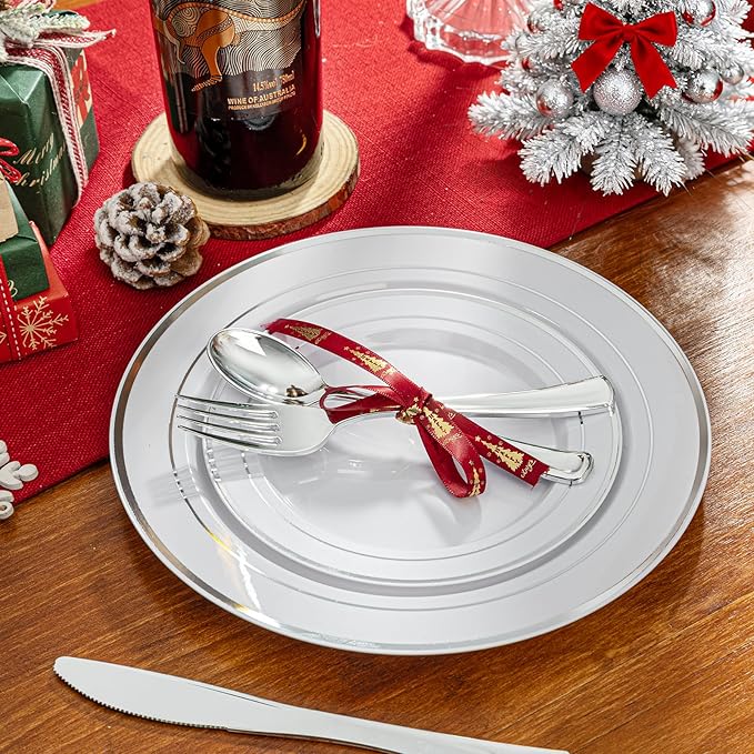 WDF Partyware 350 Pcs Silver Plastic Plates - Silver Dinnerware Set of 50 Dinner Plates 50 Dessert Plate 50 Silverware 50 Napkins 50 Cups for Christmas Party&Wedding