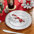 WDF Partyware 350 Pcs Silver Plastic Plates - Silver Dinnerware Set of 50 Dinner Plates 50 Dessert Plate 50 Silverware 50 Napkins 50 Cups for Christmas Party&Wedding