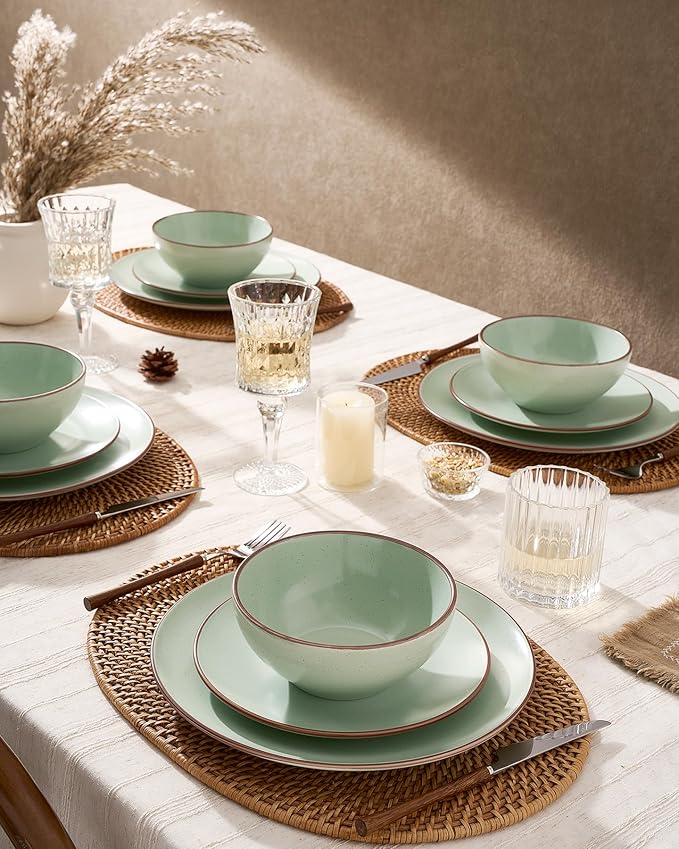 Famiware Venus Plates and Bowls Sets, 24 Pieces Stoneware Speckled Dishes Dinnerware Set for 8, Light Green - Microwave & Dishwasher Safe, Modern Minimalist, for Everyday Meals & Formal Dining