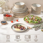Ceramic Dinnerware Sets for 4-12 Piese Plates and Bowls Set, Microwave and Dishwasher Safe Stoneware, Ribbed Dishes and 22oz bowls, Beige