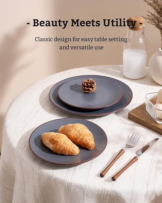 Famiware Venus Plates and Bowls Sets, 12 Pieces Stoneware Speckled Dishes Dinnerware Set for 4, Matte Charcoal - Microwave & Dishwasher Safe, Modern Minimalist, for Everyday Meals & Formal Dining
