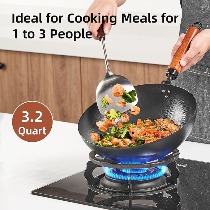 11" Round Bottom Carbon Steel Wok, Traditional Chinese Stir Fry Pan for Gas Stove & Wok Ring, Round-Bottom Induction Wok Burner Compatible, Uncoated Small Wok Pan