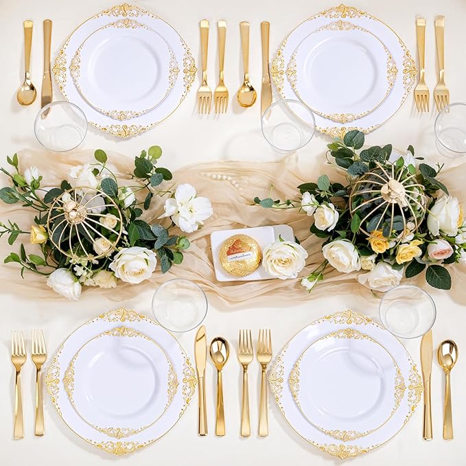 Hioasis 300pcs White and Gold Plastic Plates - Disposable Dinnerware Set Suitable for 50 Guests Include 10.25" Dinner & 7.5" Dessert Plates,Silverware Set, Cups for Wedding(NO Napkins Included)
