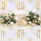 Hioasis 300pcs White and Gold Plastic Plates - Disposable Dinnerware Set Suitable for 50 Guests Include 10.25" Dinner & 7.5" Dessert Plates,Silverware Set, Cups for Wedding(NO Napkins Included)