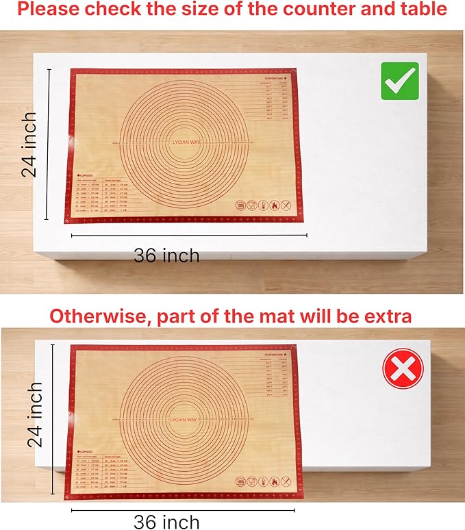 Silicone Pastry Mat with Measurements, 36 x 24 Inch Extra Thick Non-Slip Nonstick XL Baking Mat for Dough Rolling, Kneading, Fondant and Pie, Red