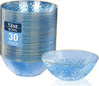 I00000 30 Pack 12 Ounce Blue Plastic Bowls Hammered Clear Bowl with Gold Rimmed, Heavy Duty Disposable Bowl Set,Elegant Small Bowls for Party, Weddings, Catering