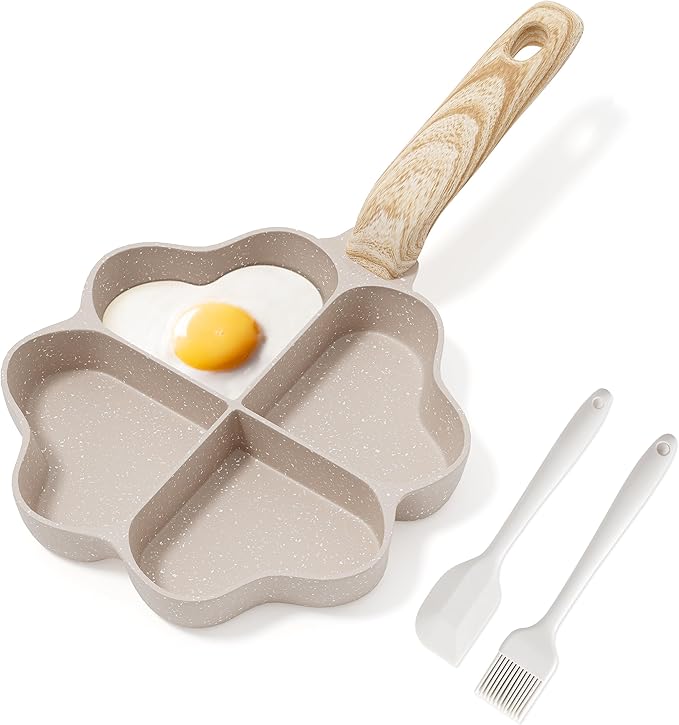 Caannasweis Egg Pan Omelette Pan, 4-Cup Nonstick Granite Omelette Skillet Breakfast Frying Pan Egg Cooker Suitable for Gas Stove & Induction Cookware, PFOA PFOS Free, Brown Heart Shaped