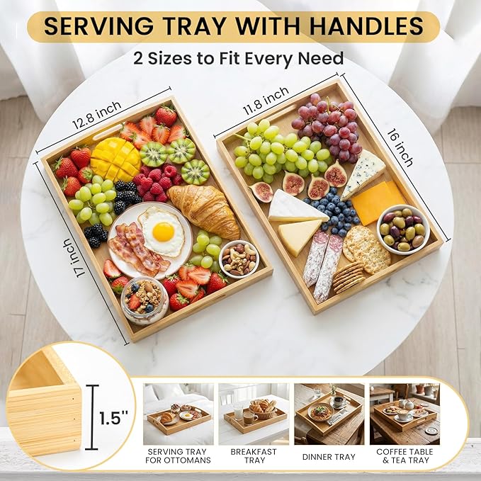Bamboo Serving Tray with Handles Set of 2 - Decorative Wooden Trays for Eating, Working, and Storing, Suitable for Use in Bedroom, Living Room, Kitchen, Bathroom, Outdoor Scenarios and More
