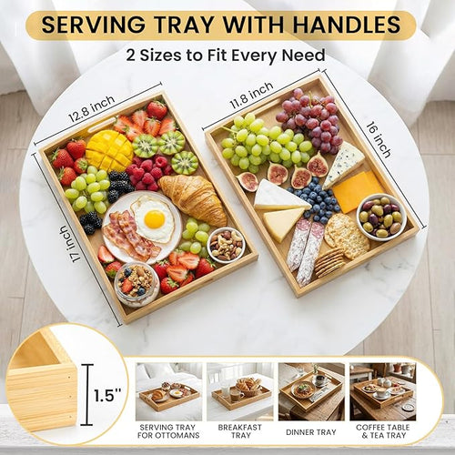 Bamboo Serving Tray with Handles Set of 2 - Decorative Wooden Trays for Eating, Working, and Storing, Suitable for Use in Bedroom, Living Room, Kitchen, Bathroom, Outdoor Scenarios and More