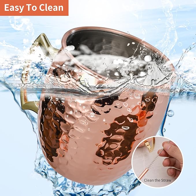 Amrules Moscow Mule Mugs Set of 4, 16 OZ Hammered Copper Cups with 304 Stainless Steel Lining and Gold Brass Handles, Includes Straws, Opener, Jigger, Brush, Fit for Cold Drinks, Bars, Parties