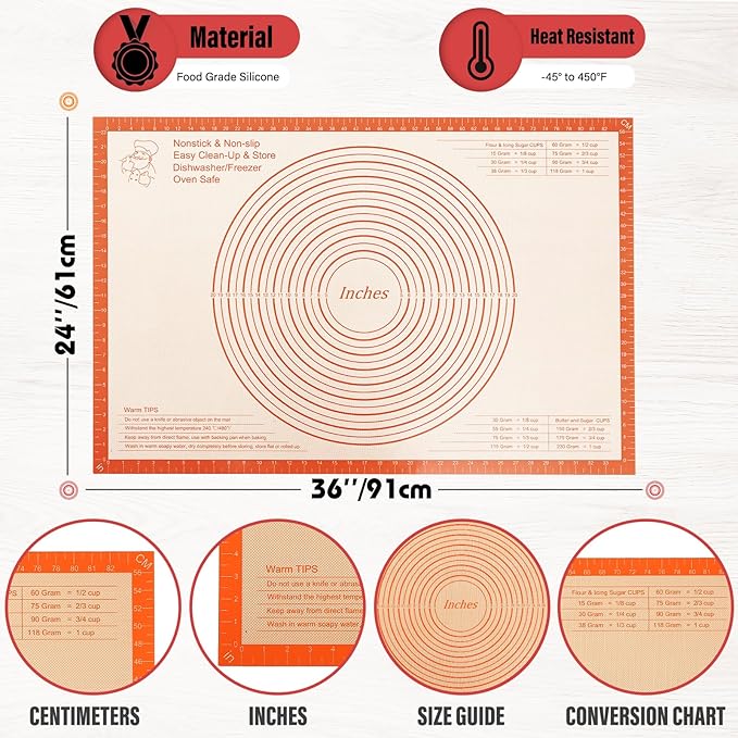 Silicone Pastry Mat 36x24 Inch Nonstick Baking Mat with Measurements, Kitchen Counter Mats for Dough, Pastry, Dough Rolling, Kneading Board, Pie Crust, Fondant, Bread, Pasta, Pizza