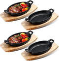 Mifoci 4 Pcs Mini Cast Iron Skillet with Wooden Base Small Cast Iron Fajita Plates Baker's Skillet Matte Black Pan Pot for Kitchen Restaurant Barbecue Dinner (8.5 x 6.1 x 1.7 Inches)