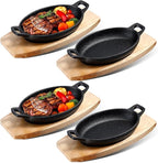 Mifoci 4 Pcs Mini Cast Iron Skillet with Wooden Base Small Cast Iron Fajita Plates Baker's Skillet Matte Black Pan Pot for Kitchen Restaurant Barbecue Dinner (8.5 x 6.1 x 1.7 Inches)