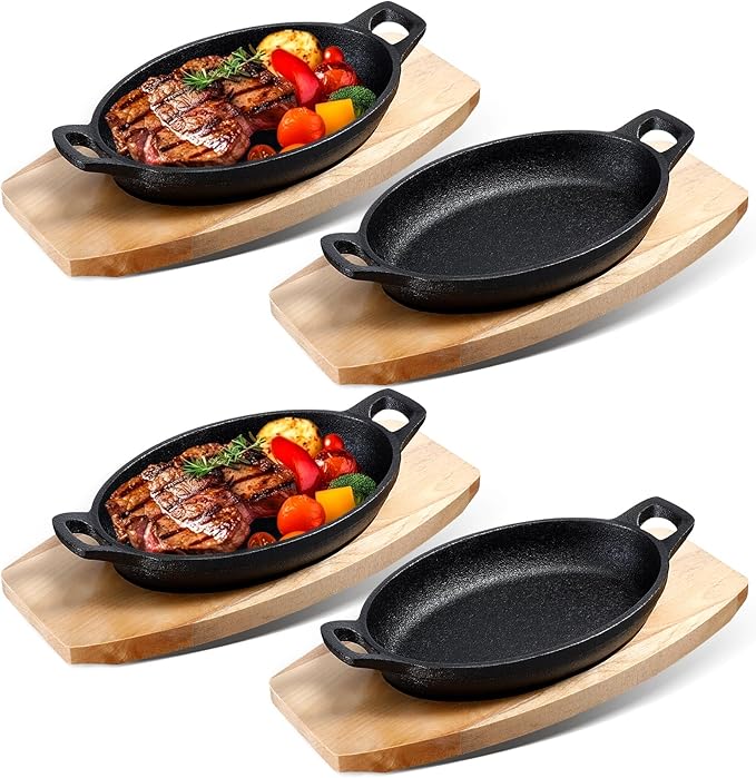 Mifoci 4 Pcs Mini Cast Iron Skillet with Wooden Base Small Cast Iron Fajita Plates Baker's Skillet Matte Black Pan Pot for Kitchen Restaurant Barbecue Dinner (8.5 x 6.1 x 1.7 Inches)