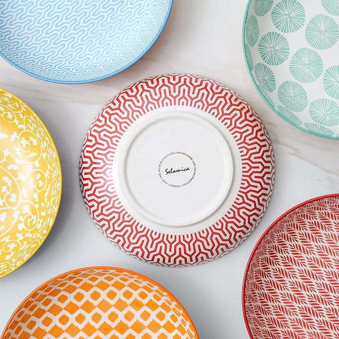 Selamica Ceramic Pasta Bowls Set 34 OZ, Large Salad & Dinner Bowls 8.6 Inch, Wide Shallow & Deep Plates for Pasta Soup, Microwave & Dishwasher Safe, Set of 6, Assorted Colors