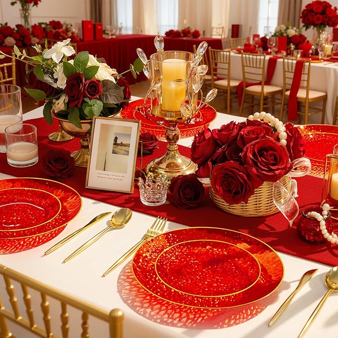 Rubtlamp 350 Pcs Plastic Dinnerware Set (50 Guests), Red And Gold Plastic Plates, Hammered Party Plates Set Include Dinner Plates, Dessert Plates, Cups, Cutlery Set And Napkins for Wedding And Party