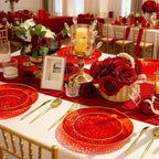 Rubtlamp 350 Pcs Plastic Dinnerware Set (50 Guests), Red And Gold Plastic Plates, Hammered Party Plates Set Include Dinner Plates, Dessert Plates, Cups, Cutlery Set And Napkins for Wedding And Party