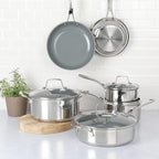 Martha Stewart Delaroux 10 Piece Stainless Steel Pots and Pans Kitchen Cookware Set w/PFAs Free Premium Nonstick Ceramic Interior