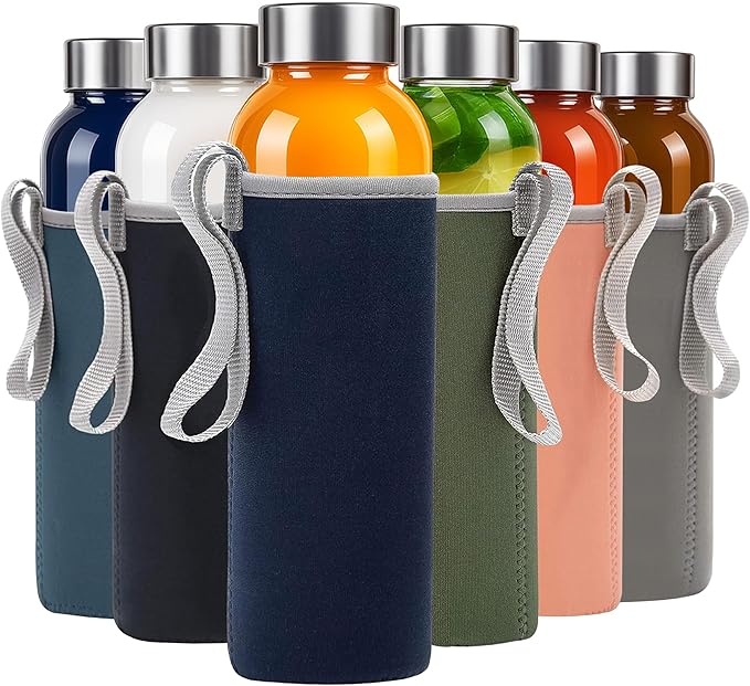 Epica glass bottles with lids – 18oz glass water bottles, reusable juice bottle with lids for storing juices, reusable water bottle durable & ecofriendly set of 6 with Sleeves