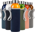 Epica glass bottles with lids – 18oz glass water bottles, reusable juice bottle with lids for storing juices, reusable water bottle durable & ecofriendly set of 6 with Sleeves