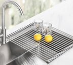 Tomorotec 21" x 15.5" Roll Up Dish Drying Rack Over Sink Drying Rack Sink Cover Kitchen Sink Accessories Gadget Multipurpose Organizer Foldable Stainless Steel Drainer