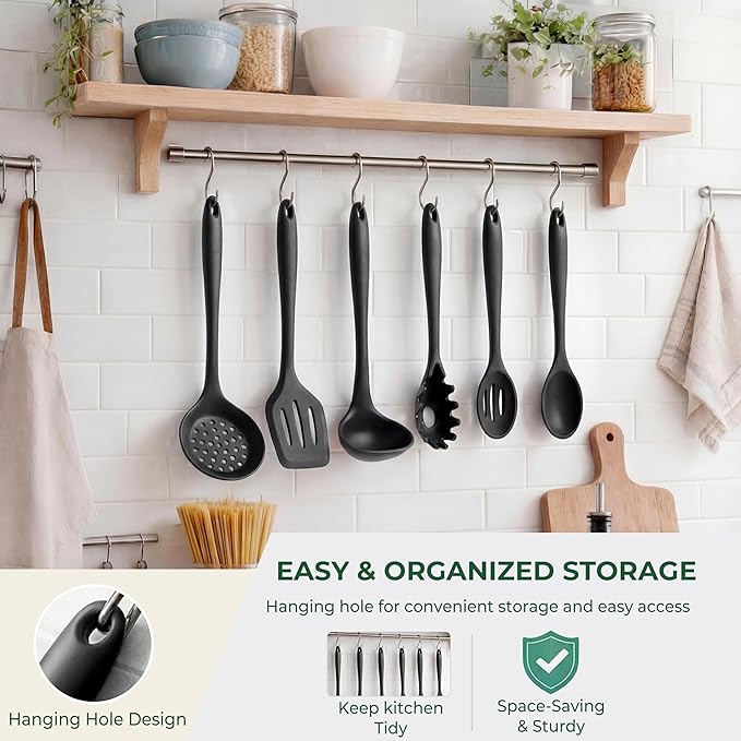 TeamFar Silicone Cooking Utensils Set of 6, Heat Resistant Kitchen Utensils, Spatula Ladle Spoon Pasta Server for Non-stick Cookware, Non-Toxic & One-Piece, Non-Scratch & Dishwasher Safe, Black