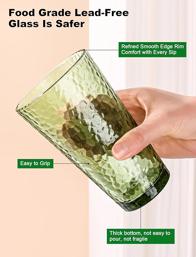 Amyoole Drinking Glasses Set of 8,16oz Green Highball Water Glasses,Stackable Lead-Free Hammered Glass Cups,Kitchen Drinkware Glassware for Cocktail,Beer,Juice,Iced Tea,Margaritas and Mixed Drinks