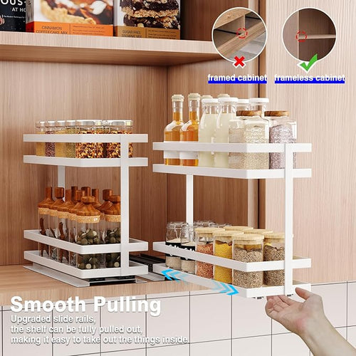 4 Pack Pull Out Spice Rack Organizer for Cabinet, 2 Tier Metal Slide Out Seasoning Organizer and Storage Heavy Duty Vertical Spice Rack Shelf Pullout for Kitchen Cabinets No Drilling (White)
