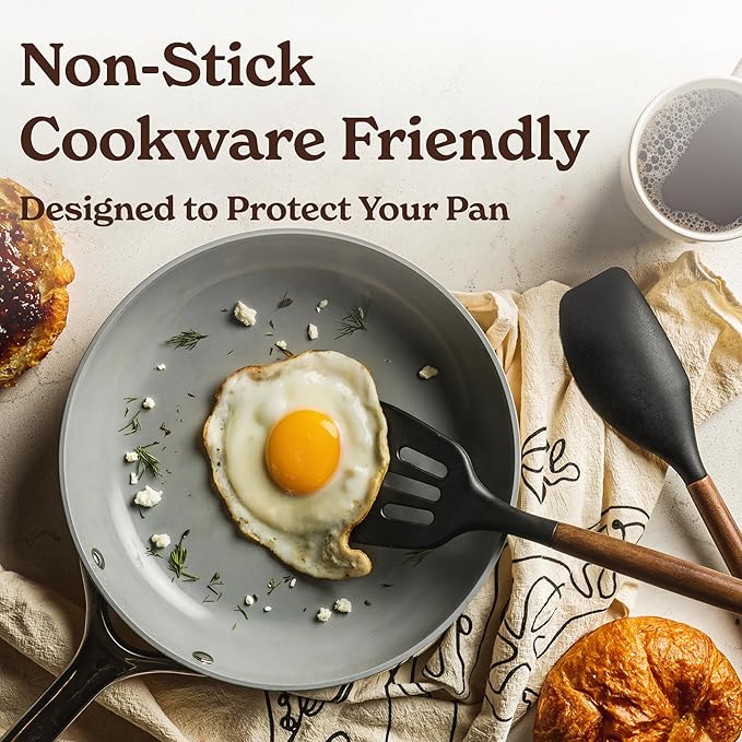 Silicone Kitchen Utensils Set & Holder: Cooking Utensils Set - Kitchen Essentials for New Home & 1st Apartment- Silicone Spatula Set, Cooking Spoons for Nonstick Cookware (Acacia Wood, Grey)