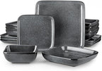 vancasso Stern Gray Dinnerware Set Square Reactive Glaze Tableware 16 Pieces Kitchen Dinnerware Stoneware Crockery Set with Dinner Plate, Dessert Plate, Bowl and Soup Plate Service for 4