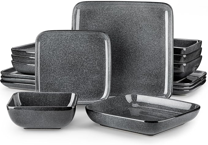 vancasso Stern Gray Dinnerware Set Square Reactive Glaze Tableware 16 Pieces Kitchen Dinnerware Stoneware Crockery Set with Dinner Plate, Dessert Plate, Bowl and Soup Plate Service for 4
