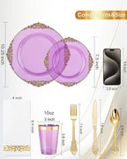 Nervure 175PCS Clear Purple Plastic Plates - Purple Party Plates Set for 25 Guests Include 25Dinner Plate, 25Dessert Plate, 25Cups, 75 Cutlery, 25Napkins Perfect for Wedding, Party & Bridal
