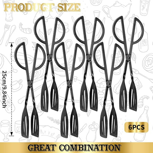 6PCS 9.8-Inch Stainless Steel Salad Tongs for Serving Heavy Duty Serving Tongs for Home Parties, Weddings, Buffets, Barbecues, Kitchen Utensils for Cake, Steak, Salad and More (6, Black)