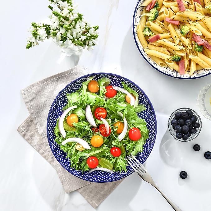 Selamica Ceramic Pasta Bowls Set of 4, 34 OZ Salad Bowls, 8.6 Inch Wide and Shallow Bowls, Microwave & Dishwasher Safe, Vintage Blue
