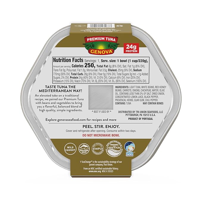 Genova Premium Tuna Mediterreanean Bean Salad, 7.76 Ounce Bowls (Pack of 6), Ready to Eat