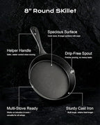 Cast Iron Skillets, 8 Inch Frying Pan with Teardrop Handle, Oven Safe, Durable Camping Cookware for Stove & Grill Use, Indoor/Outdoor