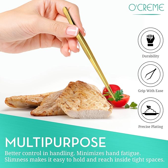 O'Creme Stainless Steel Precision Kitchen Tweezer Tongs with Serrated Tips for Gripping (10", Silver)