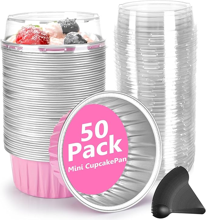 Mini Cake Pans 50 Packs with Lids and Spoons,Rectangle Aluminum Foil Loaf Baking Pans Tins Containers,Cupcake Containers Wrappers Cheesecake Creme Brulee Ramekins-6.8 Oz (Pink Round, 50 Packs)