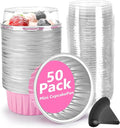 Mini Cake Pans 50 Packs with Lids and Spoons,Rectangle Aluminum Foil Loaf Baking Pans Tins Containers,Cupcake Containers Wrappers Cheesecake Creme Brulee Ramekins-6.8 Oz (Pink Round, 50 Packs)
