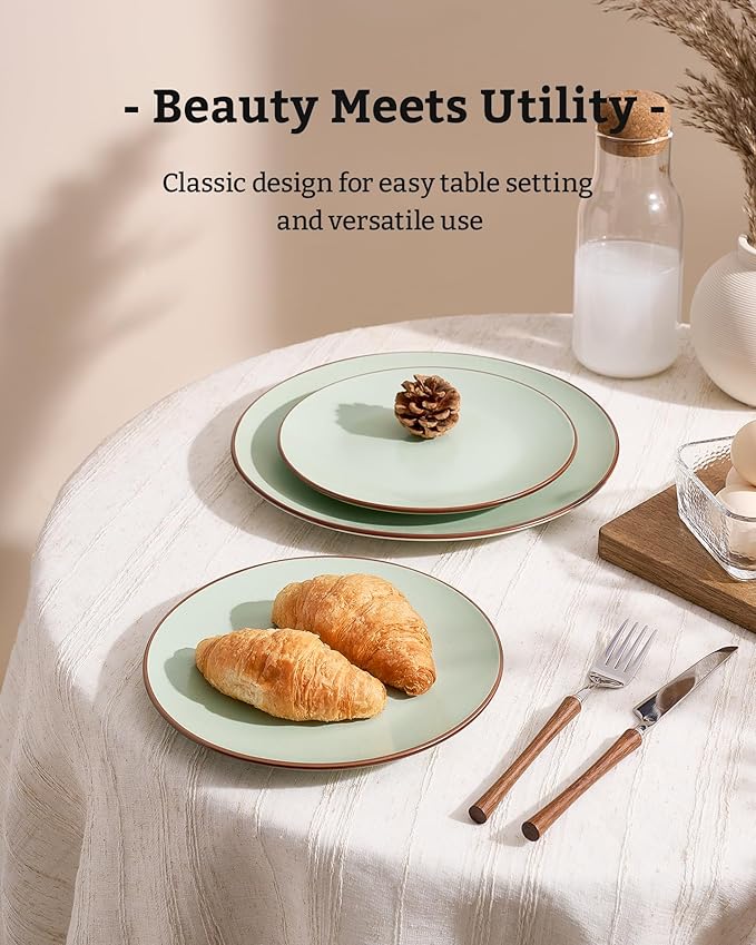 Famiware Venus Plates and Bowls Sets, 24 Pieces Stoneware Speckled Dishes Dinnerware Set for 8, Light Green - Microwave & Dishwasher Safe, Modern Minimalist, for Everyday Meals & Formal Dining