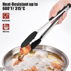 Doosu Kitchen Tongs for Cooking - 600°F Heat Resistant Food Tong Set with Non-Scratch Silicone Tips, Heavy Duty Stainless Steel Locking Tong for BBQ, Grilling Steak, Serving Salad (9+12in, Black)