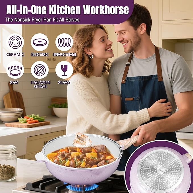 AOSION 12 Inch Nonstick Ceramic Deep Frying Pan Skille with Lid,5.5QT Sauté Pan for Cooking with Steam Rack,Healthy Large Skillet,Stay Cool Handle, Induction Compatible, PFOA & PFAS Free. (PURPLE)