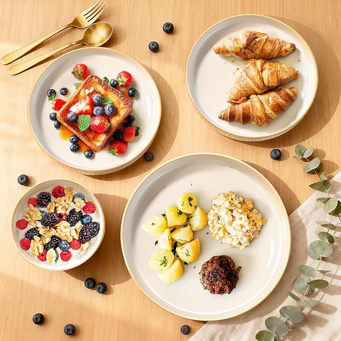 Reactive Glaze Ceramic Plates and Bowls Sets for 4, Stoneware Dinnerware Sets, Housewarming Gifts, Chip Resistant Microwave Dishwasher Safe, 12 Pcs Dish Set White