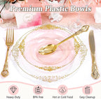 100PCS Clear Pink Plastic Bowls - 12 oz Pink Gold Disposable Salad Bowls - Heavy Duty Disposable Soup Bowl - Fancy Plastic Ice Cream Bowl for Weddings Parties Dinners Picnics Mother’s Day