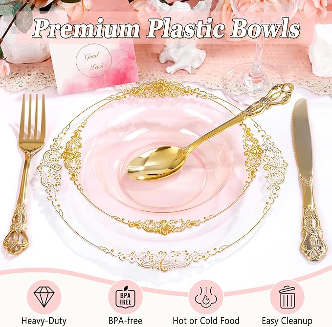 100PCS Clear Pink Plastic Bowls - 12 oz Pink Gold Disposable Salad Bowls - Heavy Duty Disposable Soup Bowl - Fancy Plastic Ice Cream Bowl for Weddings Parties Dinners Picnics Mother’s Day