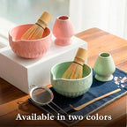 Matcha Whisk Set, Ceramic Matcha Set with Bowl, Bamboo Whisk, Scoop, Strainer, Scoop Rest, Holder, Cloth + Instruction Handbook – Traditional Japanese Tea Ceremony Kit