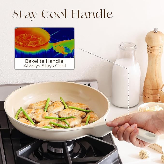 PRICUSIS Nonstick Ceramic Frying Pan, 8/10 Inch Skillet with Stay Cool Handle, Fully Coated, Induction Compatible & Oven Safe, 100% Dishwasher Safe, PTFE PFAS & PFOA Free（8 Inch, Coconut White）