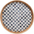14-inch Rattan Checkered Tray with Mother of Pearl, Round Coffee Table Tray Decor, Round Wicker Boho Decorative Woven Serving Tray (Checkerboard)