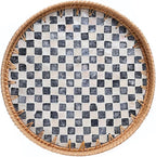 Rattan Checkered Tray with Mother of Pearl, Round Coffee Table Tray Décor 12 inch, Round Wicker Boho Decorative Woven Serving Tray (Checkerboard)